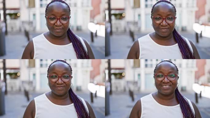 自信的非洲裔美国妇女站在城市街道上，散发着快乐和积极，她的笑声具有感染力，传播着幸福。她的辫子蹦蹦跳