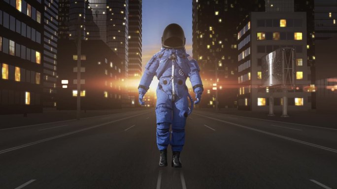宇航员在空荡荡的大都市街道上的旅程。