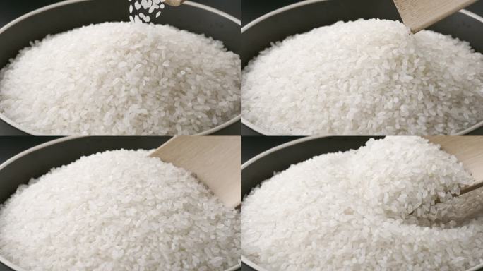 大米从木茬中洒落 大米特写 勺子舀起大米