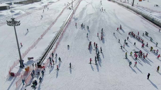 中小学生上冰雪滑雪场航拍