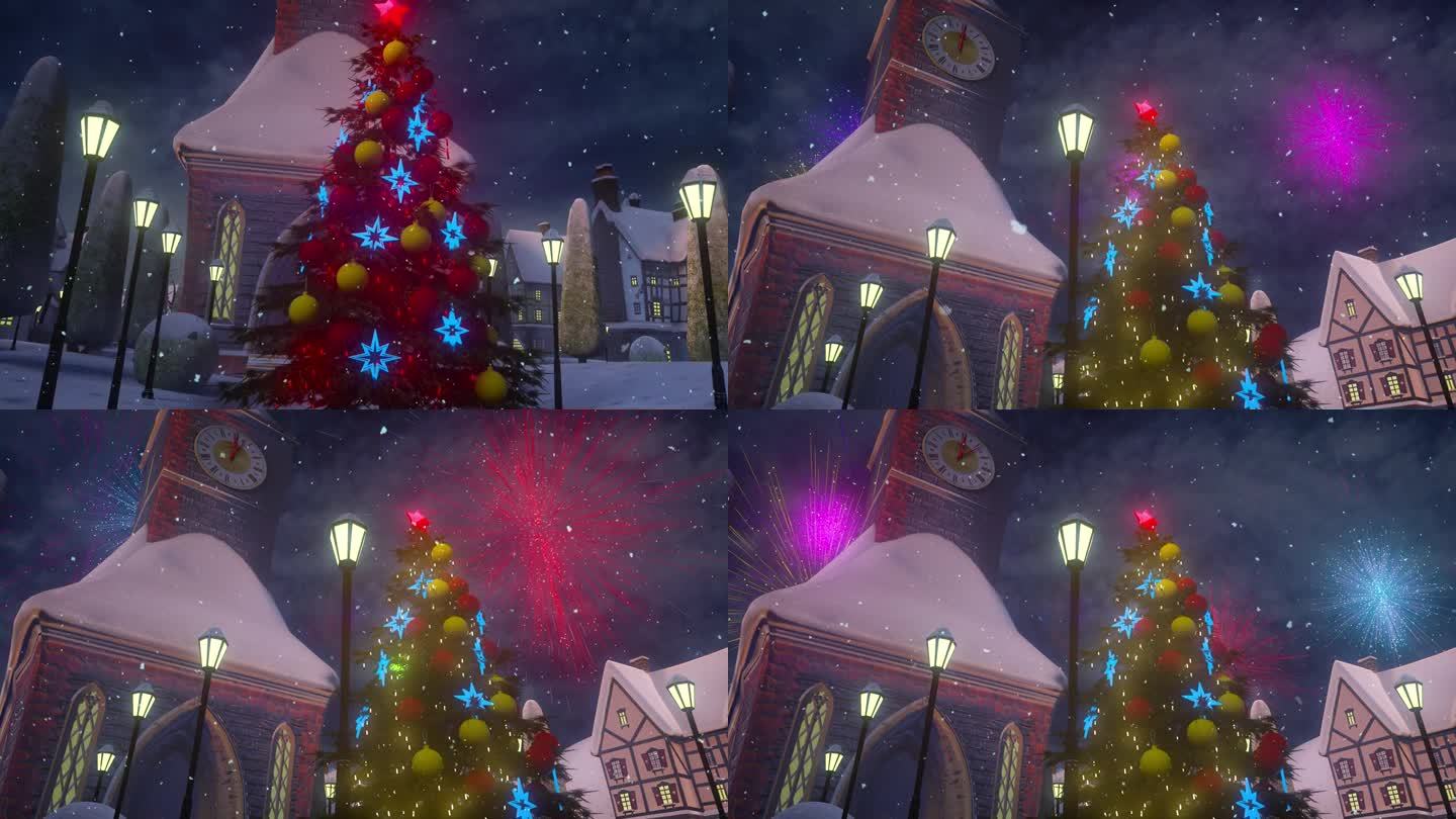 圣诞快乐，新年快乐动画。一个欧洲小镇，在下雪的冬夜，广场和房屋上都有被灯光照亮的户外圣诞树。时钟显示