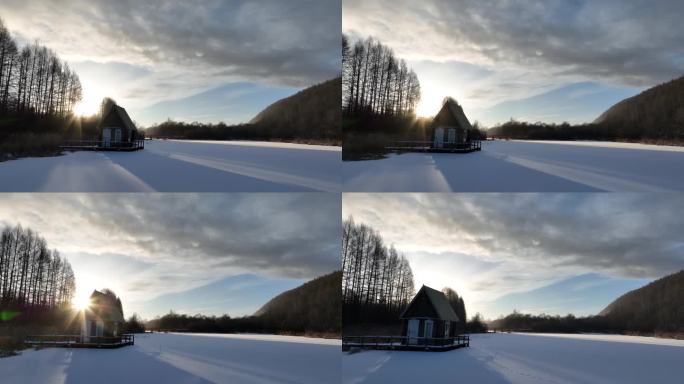 森林公园木屋雪景