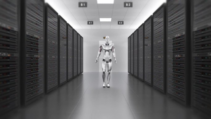 在服务器机房行走的未来机器人。