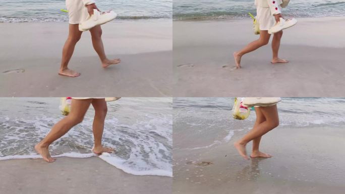 海边沙滩光脚赤脚惬意休闲光脚海滩美女行走
