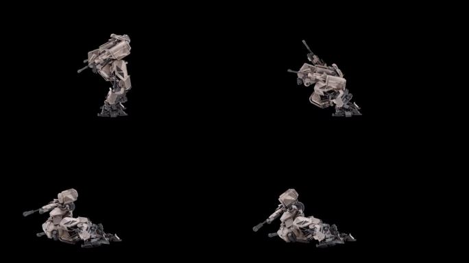 详细的3D模型机器人死亡前左视图，战士未来主义机器渲染动画，操纵骨骼结构，覆盖阿尔法哑光通道混合，科