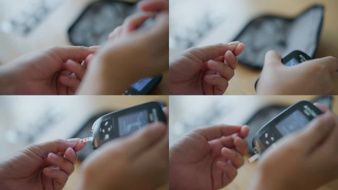 亚洲孕妇用血糖测试检查妊娠糖尿病的近距离手部。