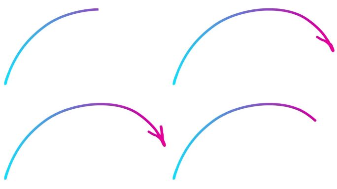 动画线性蓝粉色箭头符号绘制。手绘箭头指向右边。矢量插图隔离在白色背景上。