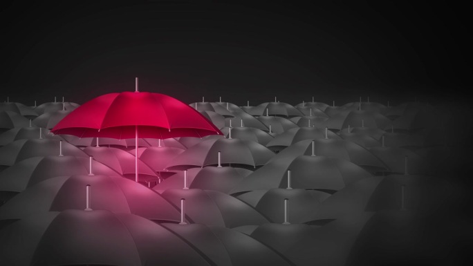 红伞在一群一模一样的黑伞中很显眼。是独特的和不同的概念。