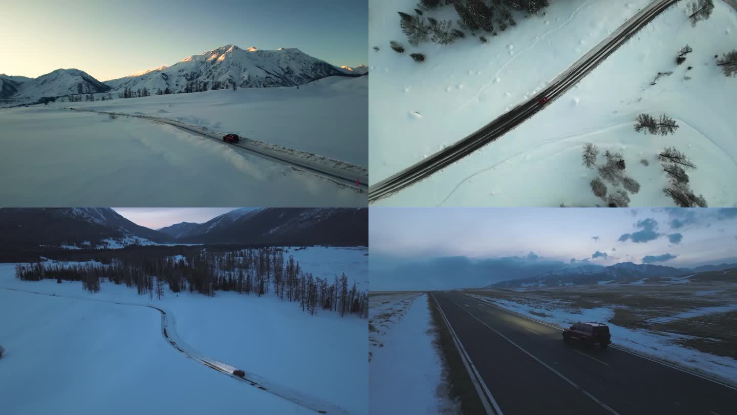 4K新疆冬季旅游路跑画面