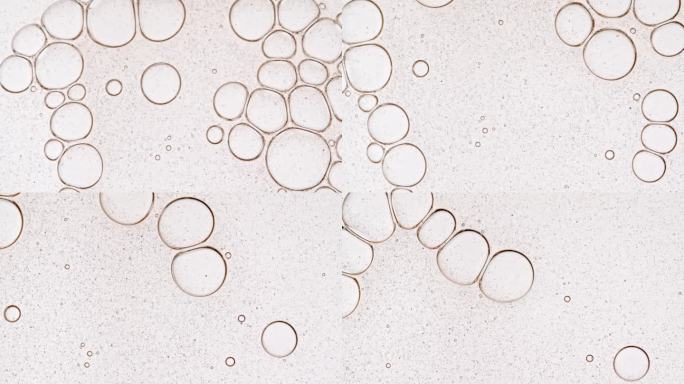 气泡团透明，细胞在显微镜下在白色背景上破裂。凝胶质地带有气泡，是护肤产品。天然有机化妆品、药品微距拍
