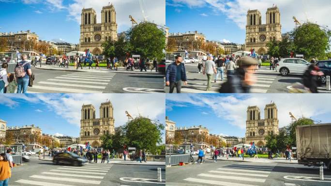 法国巴黎，夏天，游客在巴黎圣母院标志性建筑仍在重建的景点步行过马路