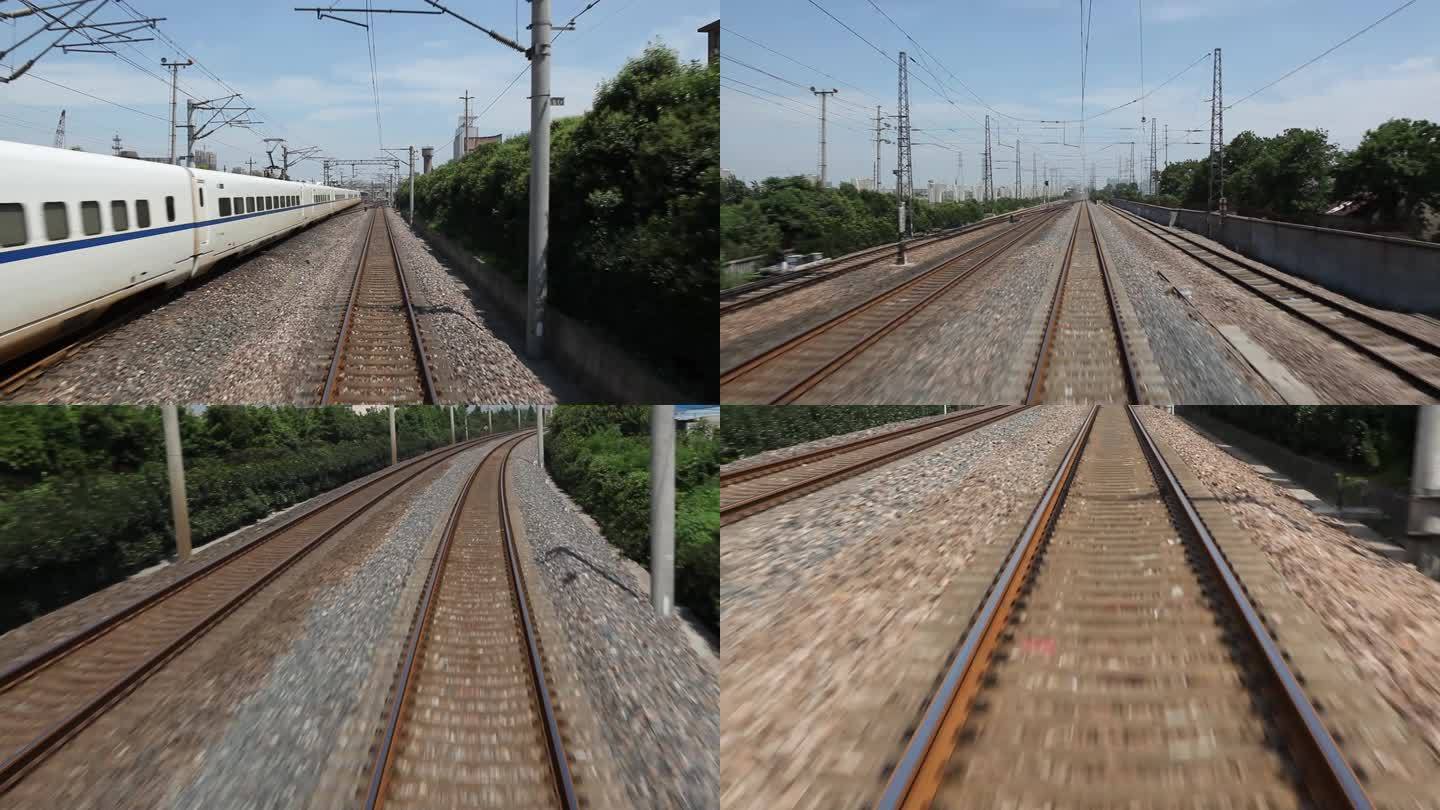 铁路轨道移动特写行驶的列车前方线路
