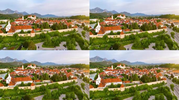 空中俯瞰中世纪小镇富森，河流，乡村和山区，德国