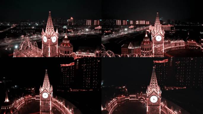 4K城市地标建筑时钟钟楼广场夜景航拍