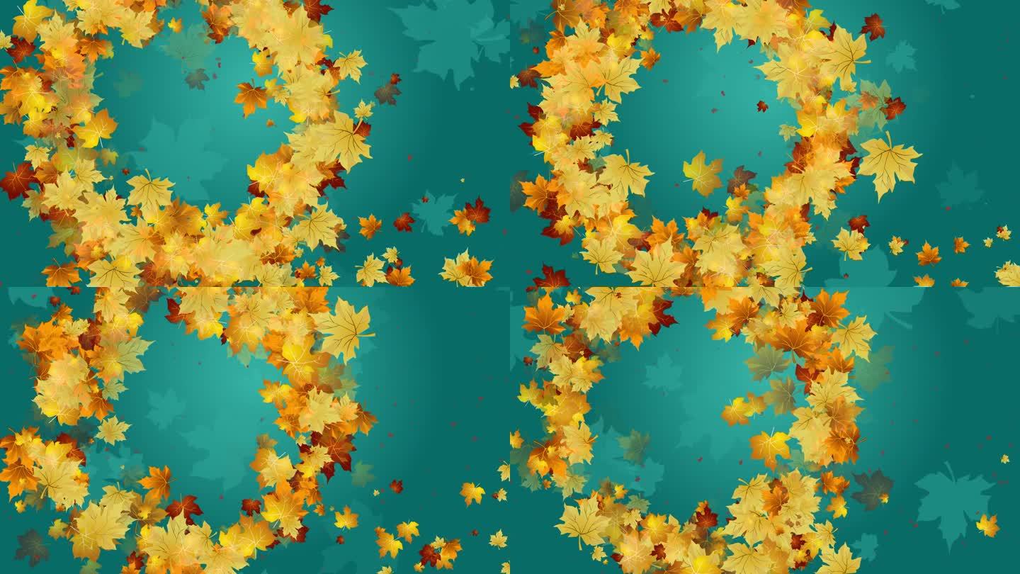 圆形秋天框架美丽的黄色和棕色枫叶落在蓝绿色抽象背景。副本的空间。循环动画。