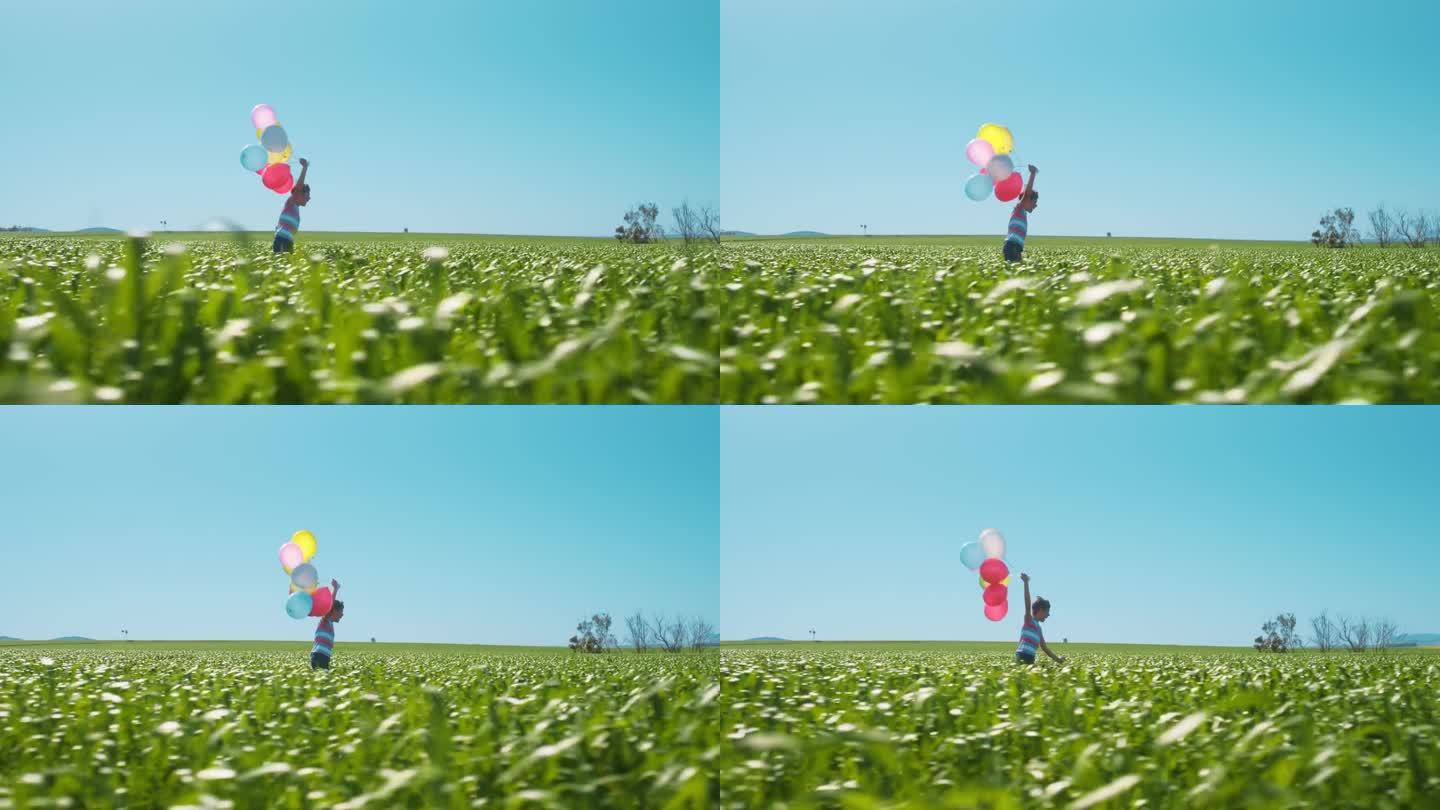 自由、活力和一个男孩带着气球在夏天的自然花丛中奔跑。孩子们，带着一个幼小的孩子在乡下冒险成长和发展