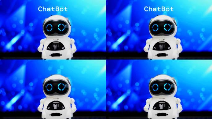 真实机器人在虚拟屏幕上在线系统弹出标题“聊天机器人”。未来科技。业务发展助手。