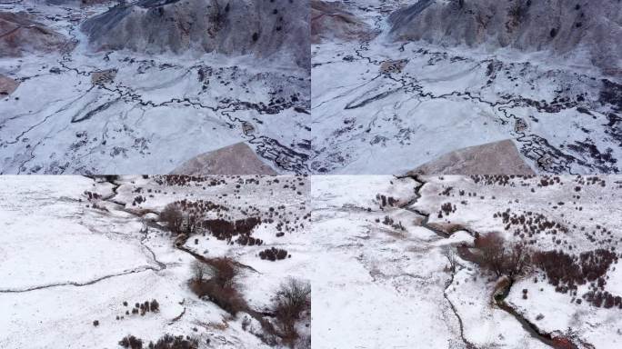 高原雪景小溪流水航拍