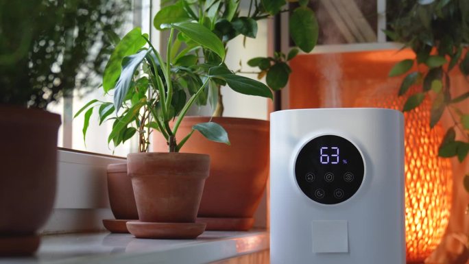 现代家用加湿器，滋润室内植物周围干燥的空气。加湿的概念