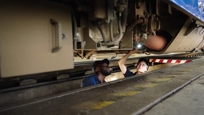 两个机械师在检查坑里用火把检查火车底盘