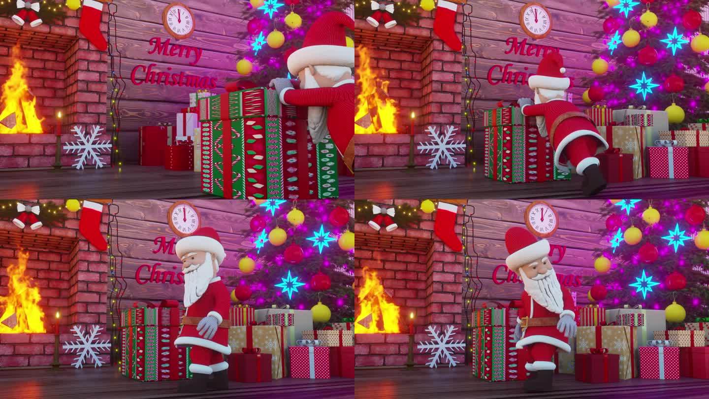 圣诞动画。圣诞老人正在变魔术。圣诞树下出现礼物。圣诞快乐，新年快乐动画。