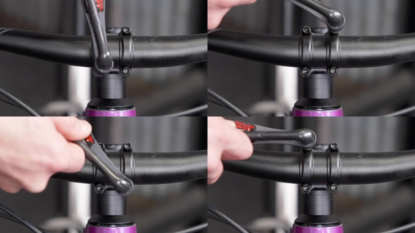 自行车修理工在山地车上细致地安装车把——力矩扳手均匀压紧螺栓的特写。速度增加