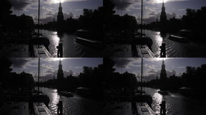 荷兰阿姆斯特丹逆光光芒剪影轮廓河岸光影