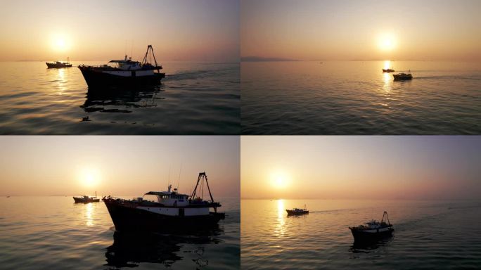 渔民日出捕鱼渔船出海海上日出日落渔业前景