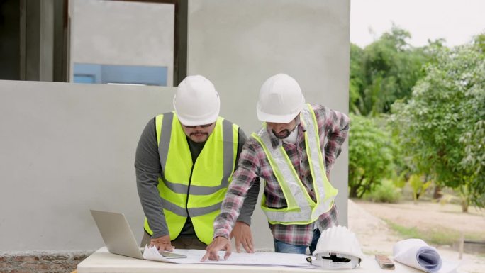 亚洲男性建筑师与建筑监理工人工程师雇员戴白色安全帽。与笔记本一起看结构图，指出需要固定的点。