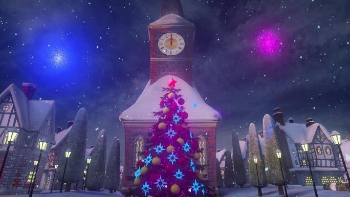 圣诞快乐，新年快乐动画。一个欧洲小镇，在下雪的冬夜，圣诞树和房屋都被照亮了。圣诞老人提着一个装满礼物
