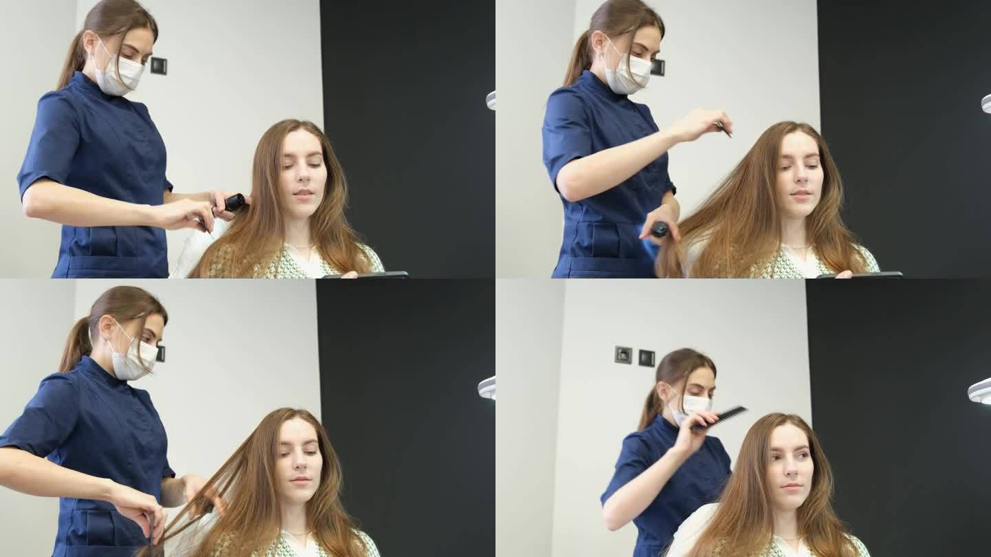 毛发学家，皮肤科医生，检查病人的头发并观察受损的头发末端。
