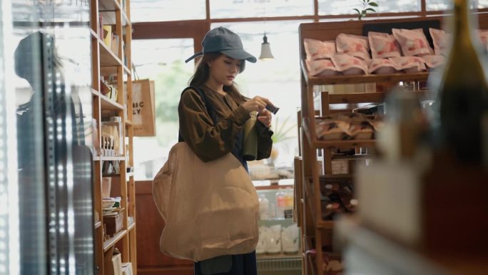 年轻的亚洲妇女使用环保袋，在环保商店看各种各样的产品。