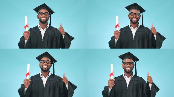 黑人，毕业了，竖起大拇指，带着文凭和脸，蓝色背景上带着骄傲和庆祝的微笑。教育有功，功成名就，毕业在工