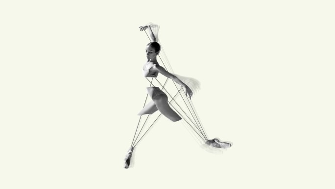 定格运动，动画。年轻女孩，米色背景上的芭蕾舞演员。温柔的。线条艺术，几何图形设计。