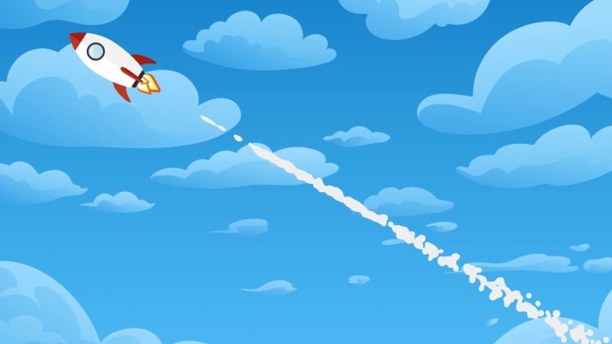 火箭在云上的蓝天上飞行。航天飞机带着烟雾在各个方向和不同位置飞行。科学与商业理念