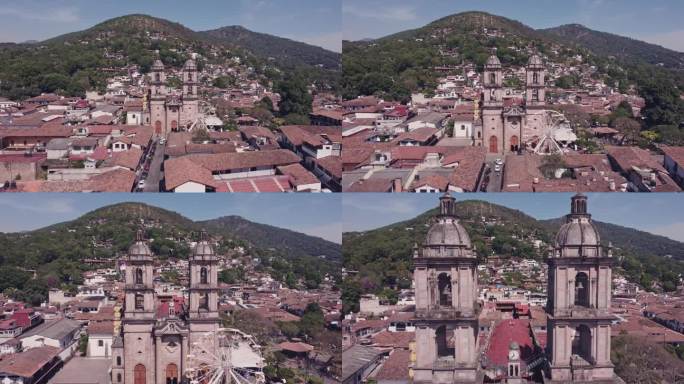 一架无人机在位于墨西哥布拉沃山谷的圣弗朗西斯科教堂Asís的钟楼之间盘旋