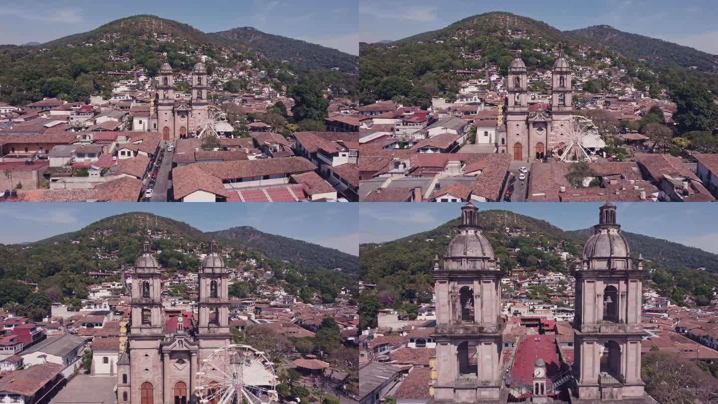 一架无人机在位于墨西哥布拉沃山谷的圣弗朗西斯科教堂Asís的钟楼之间盘旋