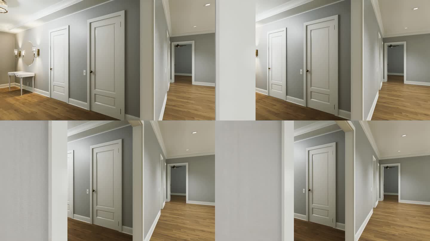 在传统美式房间的石柱内部有窗有门的空房间。3D视频动画的空公寓没有家具或装饰。