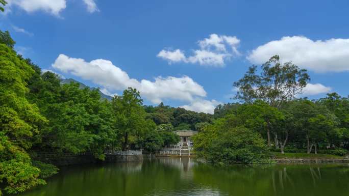 惠州罗浮山冲虚古观蓝天白云延时4K