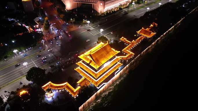 航拍 长沙市 杜甫江阁 湘江沿岸 夜景