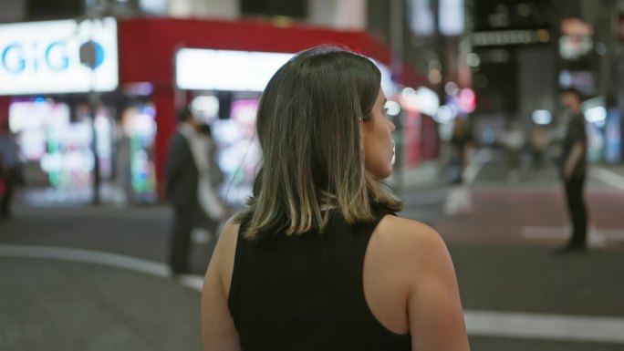 美丽的西班牙女人走开了，漫步在东京的街道上，向后瞥了一眼城市的夜光