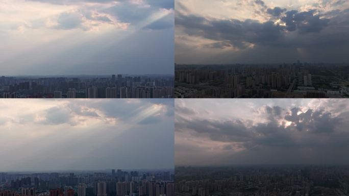 城市云层上空投过的光线显示出丁达尔现象