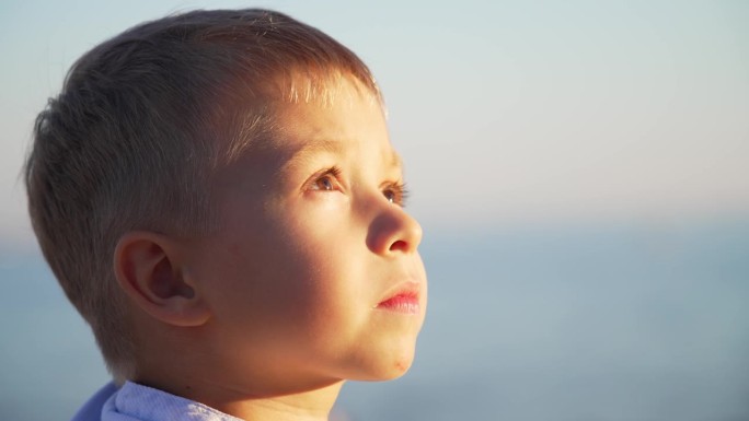 一个白人小男孩在户外仰望大自然的天空，脸上带着好奇或无忧无虑的表情。美丽的五官和棕色的眼睛在阳光下闪