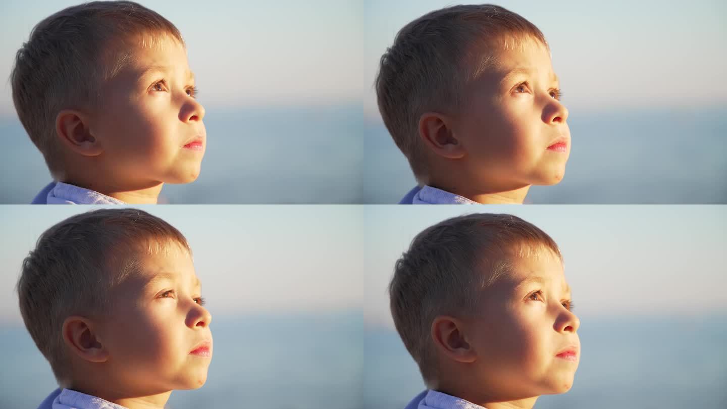 一个白人小男孩在户外仰望大自然的天空，脸上带着好奇或无忧无虑的表情。美丽的五官和棕色的眼睛在阳光下闪
