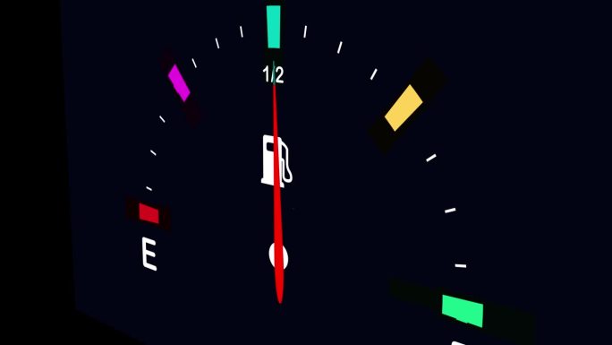 三维燃料计动画黑色背景。透视相机视图(半1/2)和全柴油指示灯和油箱红色压力表。近距离4K视频。阿尔