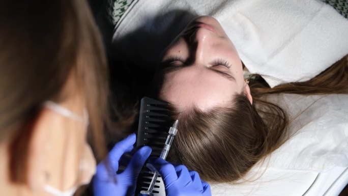 毛发学家给病人的头部注射维他命。在美容师办公室的头发护理程序。