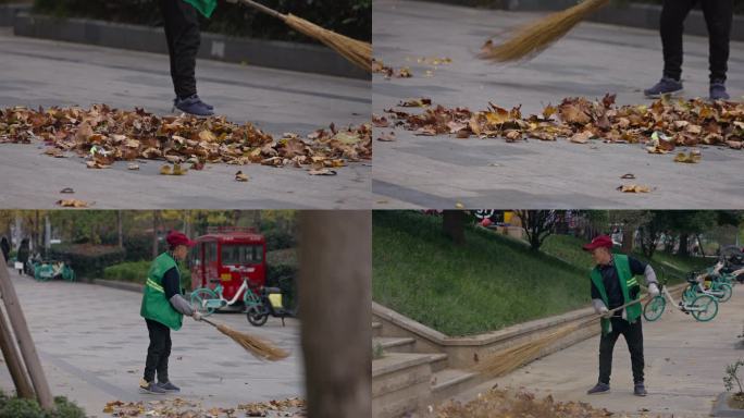 8k清洁工扫地扫大街扫树叶