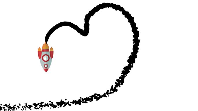 飞行火箭绘制心形白色背景与他的烟。爱的象征。创意理念