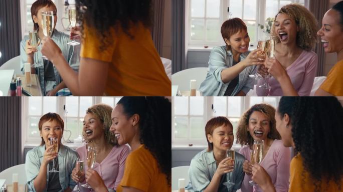 一群女性朋友在家里化妆，在晚上外出前喝香槟