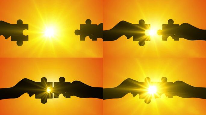 团队拼图的概念，商业协会和合作工作。双手连接2拼图片在日落阳光的背景前。闪亮的阳光轮廓4K视频